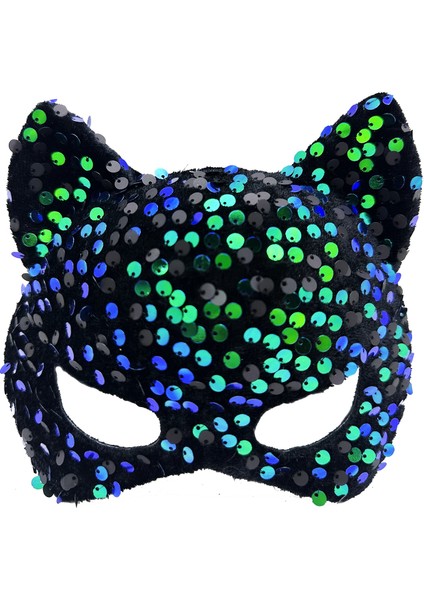 Siyah Kadife Kumaş Üzerine Mavi Yeşil Payetli Pullu Parti Maskesi 16X14 cm (K95)