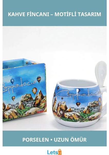 Yöresel Motifli Porselen Kaşıklı Kahve Fincanı Tekli