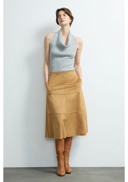 Moda Tutkusu Süet Midi Etek Camel 127M2273000
