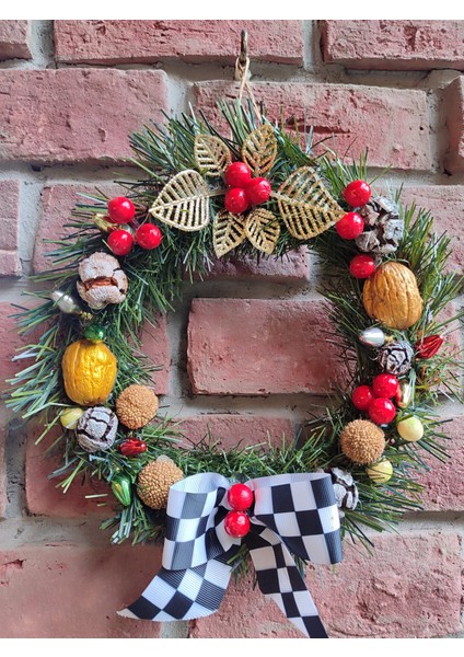 Yılbaşı Kapı Süsü Çelenk El Yapımı Ahşap Halka 20 cm
