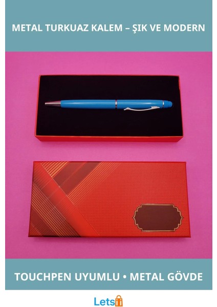 Kutulu Metal Turkuaz Tükenmez Dokunmatik Kalem