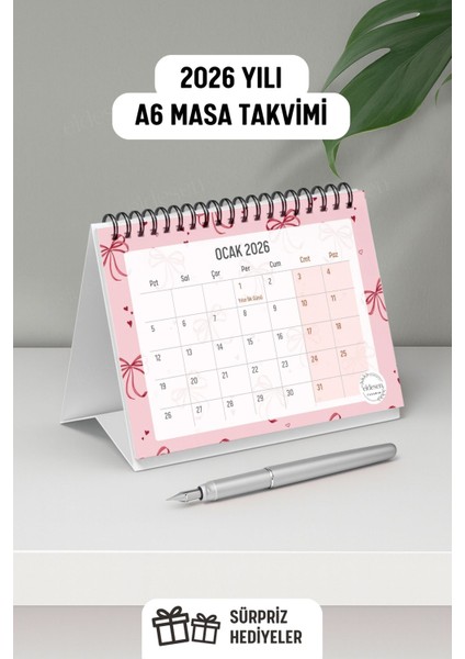 2026 Masa Takvimi Spiralli A6 (15X12CM) Orta Boy / Resmi Tatiller ve Hafta Sonları / 12 Aylık