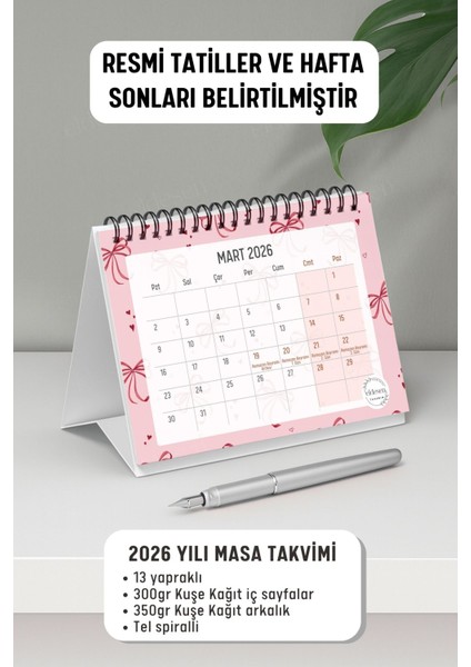 2026 Masa Takvimi Spiralli A6 (15X12CM) Orta Boy / Resmi Tatiller ve Hafta Sonları / 12 Aylık fiyatları