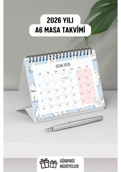 2026 Masa Takvimi Spiralli A6 (15X12CM) Orta Boy / Resmi Tatiller ve Hafta Sonları / 12 Aylık