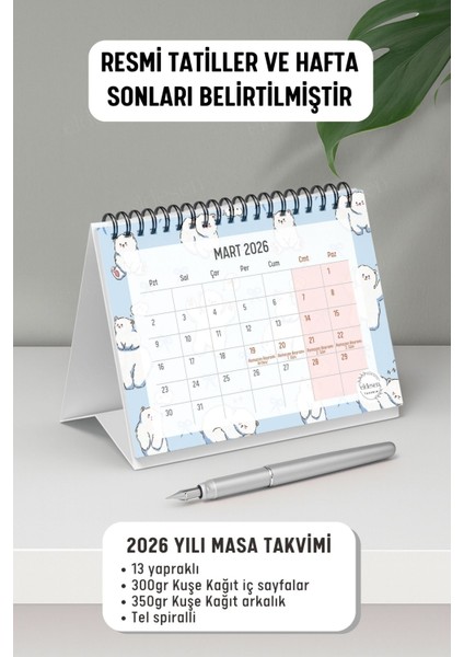 2026 Masa Takvimi Spiralli A6 (15X12CM) Orta Boy / Resmi Tatiller ve Hafta Sonları / 12 Aylık fiyatları