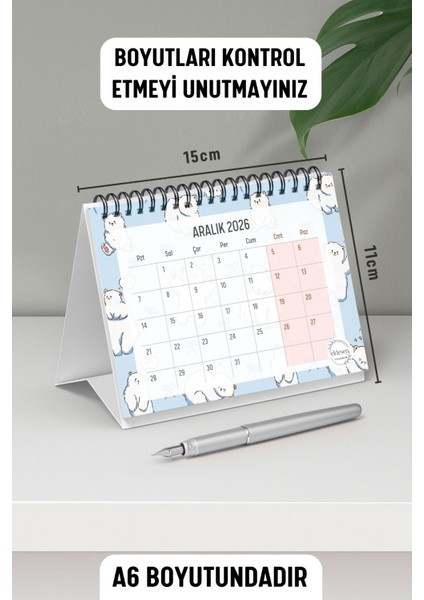 2026 Masa Takvimi Spiralli A6 (15X12CM) Orta Boy / Resmi Tatiller ve Hafta Sonları / 12 Aylık modelleri