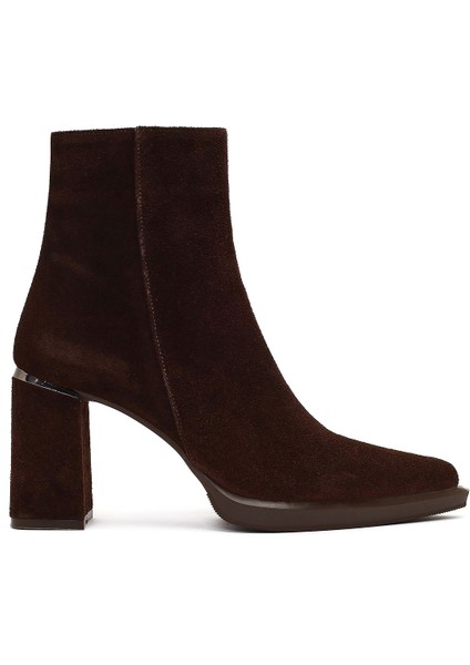 Kadın Kahverengi Fermuarlı Süet Deri Kalın Topuklu Bot 25WFD131010