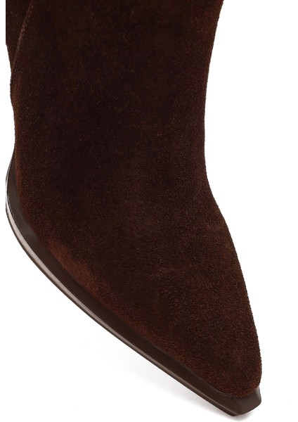 Kadın Kahverengi Fermuarlı Süet Deri Kalın Topuklu Bot 25WFD131010