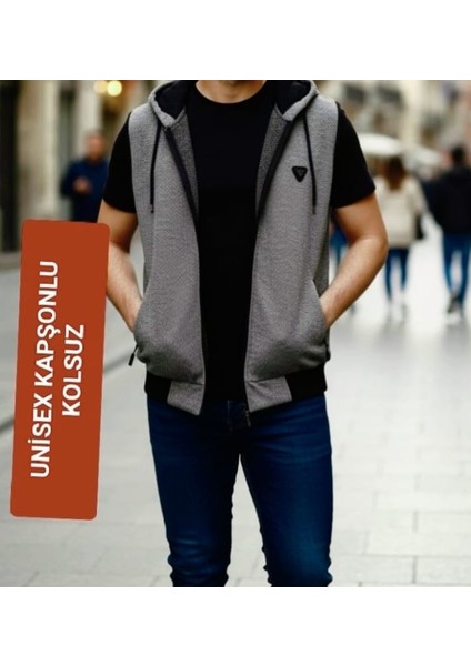 Erkek Kadın Unisex Kapüşonlu Kolsuz Fermuarlı 2 Cepli Sweatshirt