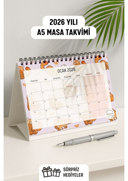 2026 Masa Takvimi Spiralli A5 (21X16CM) Büyük Boy / Resmi Tatiller ve Hafta Sonları / 12 Aylık