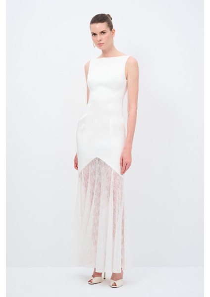 Mert Aslan Dantel Detaylı Uzun Elbise Kemik 12445476000