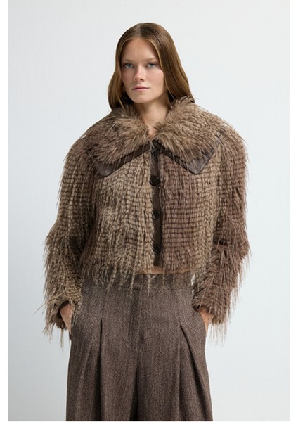 Deri Detaylı Kürk Mont Kahve 15245275000 fırsatları