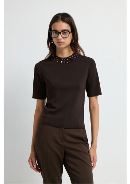 Yakası Taş Detaylı Triko Kazak Kahve 13943006002