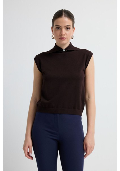 Dik Yaka Triko Bluz Kahve 11545647000