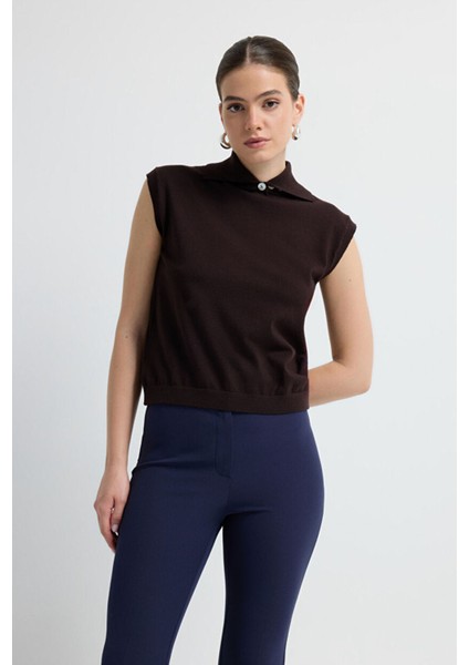 Dik Yaka Triko Bluz Kahve 11545647000 fırsatları