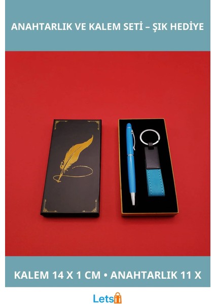 Mavi Metal Deri Anahtarlık ve Tükenmez Kalem Takımı