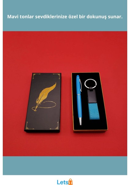 Mavi Metal Deri Anahtarlık ve Tükenmez Kalem Takımı fiyatları