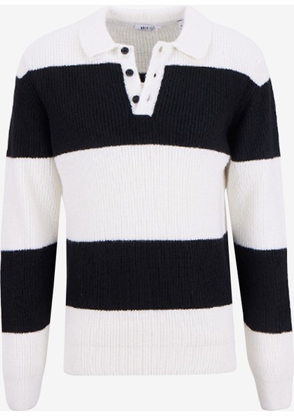 Düğmeli Yaka Normal Örgü Desenli Siyah - Beyaz Erkek Kazak M5WM-KZK1547