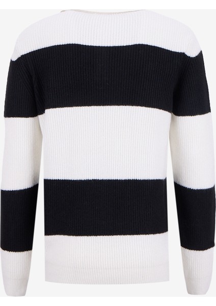 Düğmeli Yaka Normal Örgü Desenli Siyah - Beyaz Erkek Kazak M5WM-KZK1547