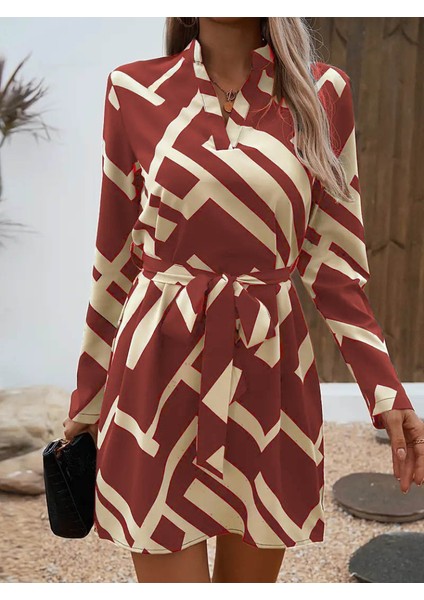Kadın Uzun Kollu V Yakalı Desenli Belinde Kuşaklı Dalgıç Elbise modelleri