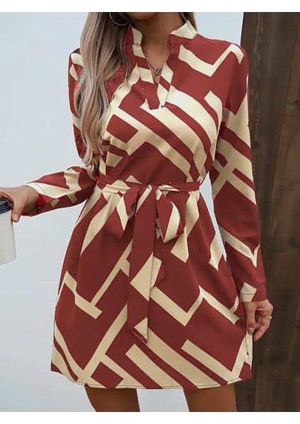 Kadın Uzun Kollu V Yakalı Desenli Belinde Kuşaklı Dalgıç Elbise indirimleri