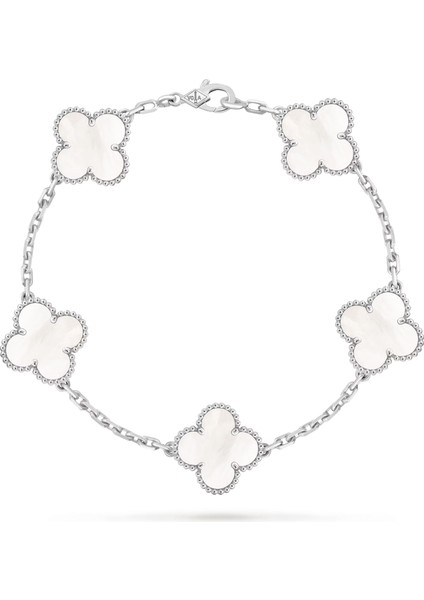 Van Cleef & Arpels Vintage Alhambra Bileklik, 5 Motif Yonca 925 Ayar Gümüş Rodyum Kaplama, Beyaz Sedef Taşlı