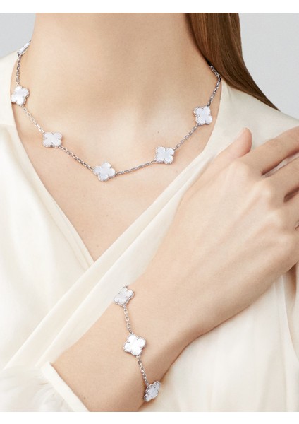 Van Cleef & Arpels Vintage Alhambra Bileklik, 5 Motif Yonca 925 Ayar Gümüş Rodyum Kaplama, Beyaz Sedef Taşlı fiyatları