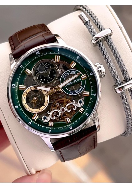 Deri Kordon Otomatik Mekanizma Metap ve Güneş Kadranlı Erkek Kol Saati+Bileklik 14013.3