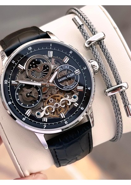 Deri Kordon Otomatik Mekanizma Metap ve Güneş Kadranlı Erkek Kol Saati+Bileklik 14013.1