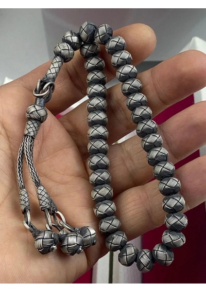 Trabzon El Işçiliği Kazaz Tesbih - Oksit Kaplama, 1000 Ayar Gümüş, Doğal ve Zarif 40 Gram 21 cm
