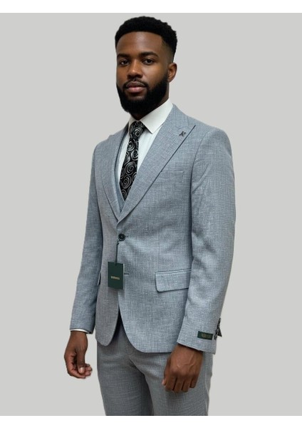 Gri Keten Dokulu Yelekli Takım Elbise – Modern Fit fiyatları