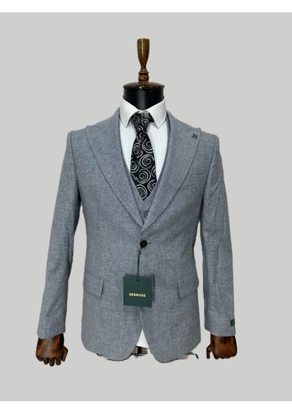 Gri Keten Dokulu Yelekli Takım Elbise – Modern Fit fırsatları