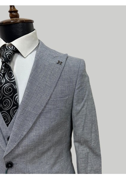 Gri Keten Dokulu Yelekli Takım Elbise – Modern Fit indirimleri