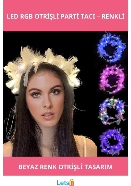 LED Işıklı Rgb 3 Fonksiyonlu Otrişli Parti Tacı Beyaz