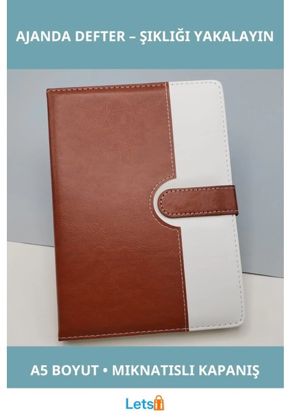 Kahverengi Beyaz Mıknatıslı Termo Deri A5 Tarihsiz Ajanda Defter