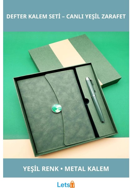 Yeşil Renk Şık Çizgili Defter Metal Kalem Hediye Seti