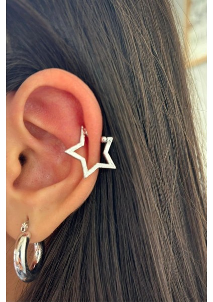 Yıldız Tasarım Sıkıştırmalı Earcuff Kıkırdak Küpe Gümüş