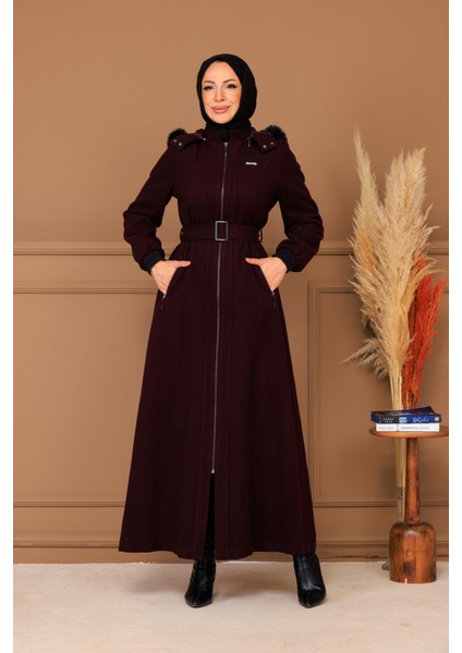 Kışlık Kadın Bordo Kaşe Pardesü Fermuarlı 58011