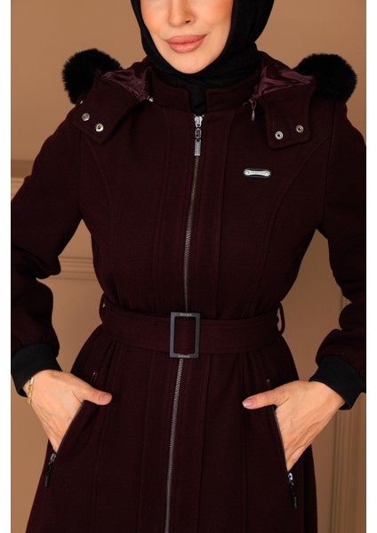 Kışlık Kadın Bordo Kaşe Pardesü Fermuarlı 58011 fırsatları