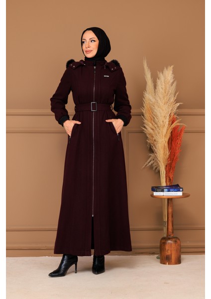 Kışlık Kadın Bordo Kaşe Pardesü Fermuarlı 58011