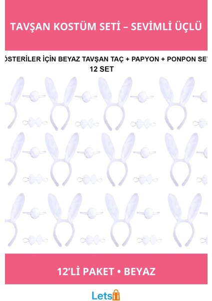 Beyaz Tavşan Kostümü Taç Papyon Kuyruk 12'li Parti Seti