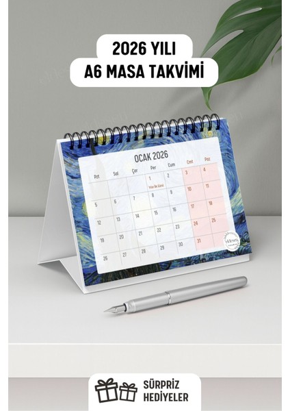 2026 Masa Takvimi Van Gogh Spiralli A6 (15X12CM) Orta Boy / Resmi Tatiller ve Hafta Sonları / 12 Ay