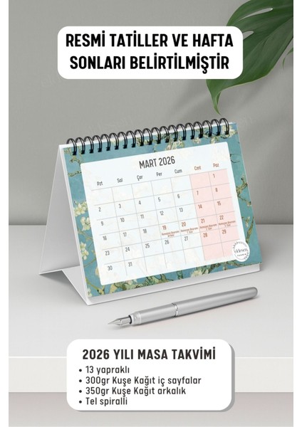 2026 Masa Takvimi Van Gogh Spiralli A6 (15X12CM) Orta Boy / Resmi Tatiller ve Hafta Sonları / 12 Ay fiyatları