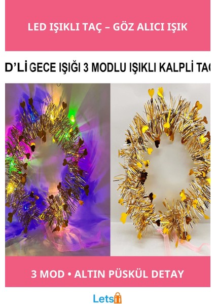 Kalp Püsküllü 3 Modlu LED Işıklı Taç Altın Renk