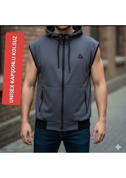 Erkek Kadın Unisex Kapüşonlu Kolsuz Fermuarlı 2 Cepli Sweatshirt