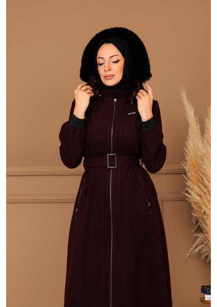 Kışlık Kadın Bordo Kaşe Pardesü Fermuarlı 58011
