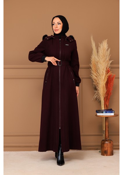 Kışlık Kadın Bordo Kaşe Pardesü Fermuarlı 58011