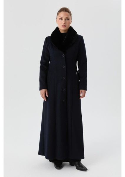 Kışlık Yünlü Kaşe Kadın Pardesü Yakası Kürklü Kalın 58025