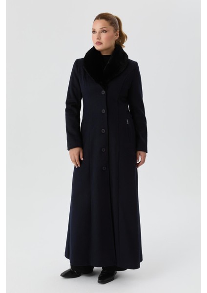 Kışlık Yünlü Kaşe Kadın Pardesü Yakası Kürklü Kalın 58025
