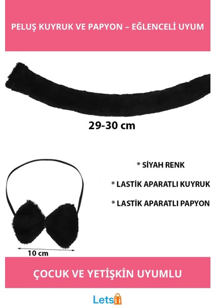 Yumuşak Peluş Siyah Kuyruk ve Papyon Aksesuar Takımı
